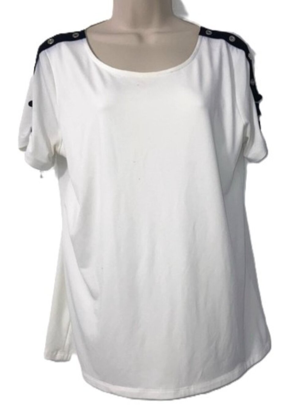 CALVIN KLEIN White Short Sleeve Blouse with Black & Silver Shoulder Trim Medium